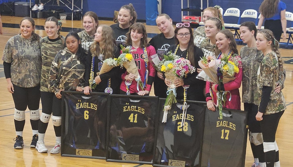 The Eagles stand with seniors Kristin Andrews, Ashlee Shaw, Madison Williford, and Ellarie McGatha.
